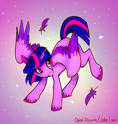 Size: 4500x4728 | Tagged: safe, artist:docwario, artist:opalacorn, twilight sparkle, alicorn, pony, g4, absurd resolution, collaboration, colored wings, eye clipping through hair, feather, female, looking back, mare, smiling, solo, spread wings, twilight sparkle (alicorn), twitober, two toned wings, wings