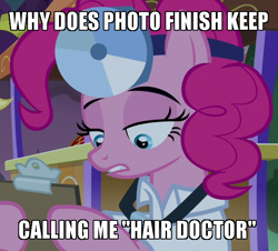 Size: 598x540 | Tagged: safe, screencap, pinkie pie, earth pony, pony, g4, the summer sun setback, caption, clothes, doctor, female, image macro, mare, meme, solo, text