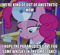 Size: 598x540 | Tagged: safe, edit, edited screencap, screencap, pinkie pie, earth pony, pony, g4, the summer sun setback, caption, clothes, cropped, doctor, female, head mirror, image macro, lab coat, mare, meme, solo, stethoscope, text