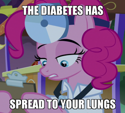 Size: 598x540 | Tagged: safe, edit, edited screencap, screencap, pinkie pie, earth pony, pony, g4, the summer sun setback, caption, clothes, cropped, doctor, female, head mirror, image macro, lab coat, mare, meme, solo, stethoscope, text