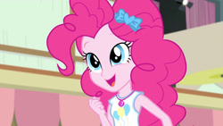 Size: 3410x1920 | Tagged: safe, screencap, pinkie pie, constructive criticism, constructive criticism: pinkie pie, equestria girls, g4, my little pony equestria girls: better together, clothes, cute, cutie mark, cutie mark on clothes, diapinkes, female, geode of sugar bombs, high res, jewelry, magical geodes, necklace, open mouth, open smile, smiling, solo, tank top