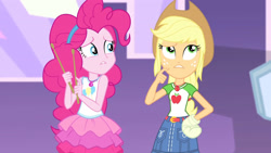 Size: 3410x1920 | Tagged: safe, screencap, applejack, pinkie pie, constructive criticism, constructive criticism: pinkie pie, equestria girls, g4, my little pony equestria girls: better together, applejack's hat, belt, broken hand, clothes, cowboy hat, denim skirt, drumsticks, female, geode of sugar bombs, geode of super strength, hat, high res, jewelry, lip bite, magical geodes, necklace, skirt, tank top