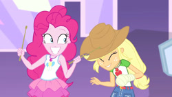 Size: 3410x1920 | Tagged: safe, screencap, applejack, pinkie pie, constructive criticism, constructive criticism: pinkie pie, equestria girls, g4, my little pony equestria girls: better together, applejack's hat, belt, broken hand, clothes, cowboy hat, cute, denim skirt, diapinkes, drumsticks, eyes closed, female, geode of sugar bombs, geode of super strength, grin, hat, high res, jackabetes, jewelry, magical geodes, necklace, skirt, smiling, tank top