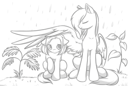 Size: 3083x2066 | Tagged: safe, artist:megabait, oc, oc:lana, oc:mega voltage, pony, grass, help, high res, inktober, inktober2021, inktoberday13, plants, rain, roof, sketch, wing umbrella, wings