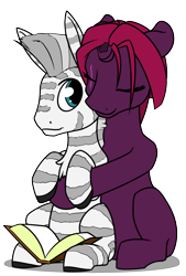 Size: 2700x4000 | Tagged: oc name needed, safe, artist:dacaoo, tempest shadow, oc, pony, unicorn, zebra, g4, blank flank tempest, book, broken horn, canon x oc, eye scar, female, horn, hug, larger female, male, scar, shipping, simple background, size difference, smaller male, transparent background, zebra oc