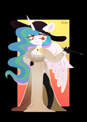 Size: 500x700 | Tagged: safe, artist:fourteennails, princess celestia, alicorn, anthro, g4, breasts, busty princess celestia, cigarette, cigarette holder, clothes, dress, female, hand on hip, hat, lady dimitrescu, mare, resident evil 8, smiling, smoking