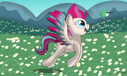 Size: 5030x3030 | Tagged: safe, artist:small-brooke1998, zipp storm, bird, hummingbird, pegasus, pony, g5, my little pony: a new generation, female, happy, mare, pronking, smiling, solo, spread wings, wings