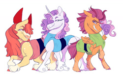 Size: 1280x771 | Tagged: safe, artist:glorymoon, apple bloom, scootaloo, sweetie belle, earth pony, pegasus, pony, unicorn, g4, blossom (powerpuff girls), bubbles (powerpuff girls), buttercup (powerpuff girls), clothes, cosplay, costume, cutie mark crusaders, dress, grin, nightmare night costume, simple background, smiling, the powerpuff girls, unshorn fetlocks, white background