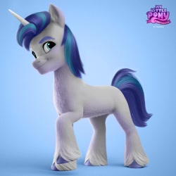 Size: 1080x1080 | Tagged: safe, artist:haruh_ink, artist:jonatancatalan, edit, shining armor, earth pony, pony, unicorn, g4, g5, my little pony: a new generation, 3d, g4 to g5, gradient background, looking at you, male, my little pony: a new generation logo, raised hoof, recolor, slender, smiling, smiling at you, solo, stallion, thin, unshorn fetlocks
