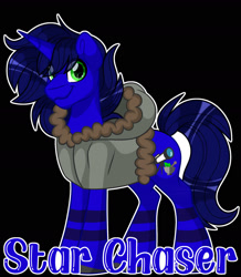 Size: 1600x1831 | Tagged: safe, artist:missbramblemele, oc, oc only, oc:star chaser, pony, unicorn, black background, clothes, hoodie, male, simple background, solo, stallion