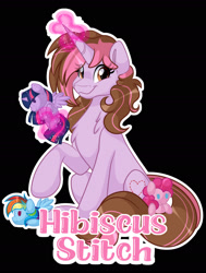 Size: 1600x2114 | Tagged: safe, artist:thehaywaiianhorse, pinkie pie, rainbow dash, twilight sparkle, oc, oc:hibiscus stitch, alicorn, pony, unicorn, g4, black background, female, magic, mare, plushie, simple background, twilight sparkle (alicorn)