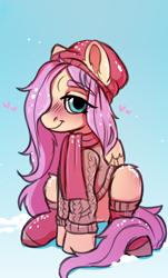 Size: 3192x5288 | Tagged: safe, artist:dinoalpaka, fluttershy, pegasus, pony, g4, absurd resolution, blushing, clothes, cute, daaaaaaaaaaaw, eye clipping through hair, eyebrows, eyebrows visible through hair, female, hat, heart, looking at you, mare, outdoors, scarf, shyabetes, sitting, smiling, smiling at you, snow, socks, solo, stockings, sweater, thigh highs, winter, winter outfit
