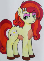 Size: 400x552 | Tagged: safe, artist:matbenetti17, oc, oc only, oc:vanilla flower, earth pony, pony, beauty mark, eyeshadow, female, flower, flower in hair, makeup, mare, mole, offspring, parent:cherry jubilee, parent:trouble shoes, parents:cherryshoes, traditional art