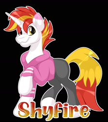 Size: 1600x1812 | Tagged: safe, artist:missbramblemele, oc, oc only, oc:shyfire, pony, unicorn, black background, clothes, heterochromia, hoodie, horn, male, outline, pants, raised hoof, simple background, solo, stallion, tail, two toned mane, two toned tail, unicorn oc, white outline
