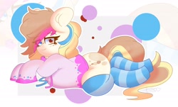 Size: 4096x2470 | Tagged: safe, artist:retrohearts_ad, oc, oc only, oc:pancake wishes, pony, clothes, socks, solo, striped socks