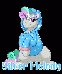 Size: 1600x1895 | Tagged: safe, artist:missbramblemele, oc, oc only, oc:silver melody, earth pony, pony, black background, clothes, female, hoodie, mare, simple background, solo