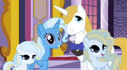 Size: 1024x564 | Tagged: safe, artist:velveagicsentryyt, prince blueblood, trixie, oc, oc:beauty mag, oc:royal rose, pony, unicorn, g4, female, filly, male, offspring, parent:prince blueblood, parent:trixie, parents:bluetrix, ship:bluetrix, shipping, straight