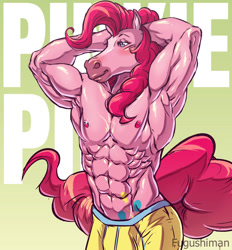 Size: 1280x1381 | Tagged: safe, artist:fugushima, pinkie pie, earth pony, anthro, g4, abs, bara, bubble berry, clothes, hand on head, hoers, male, male nipples, muscles, muscular male, nipples, nudity, partial nudity, pink body, pinkie pump, rule 63, topless
