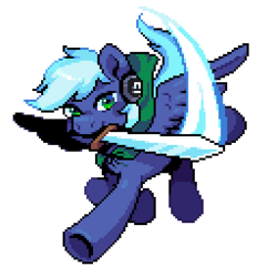 Size: 640x640 | Tagged: safe, artist:hikkage, oc, oc only, oc:moonlight drop, pegasus, pony, headphones, pixel art, simple background, solo, sword, transparent background, weapon