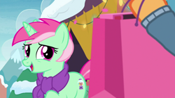 Size: 1920x1080 | Tagged: safe, screencap, applejack, minty bubblegum, pony, unicorn, g4, my little pony best gift ever, bag, clothes, female, mare, open mouth, scarf, shopping bag, winter outfit