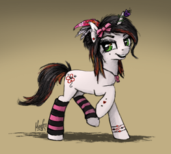 Size: 1194x1080 | Tagged: safe, artist:magfen, oc, oc only, oc:bloody herb, pony, unicorn, bow, bracelet, clothes, ear piercing, feather, female, flower, green eyes, hair bow, hoofless socks, horn, jewelry, leg warmers, looking at you, mare, open mouth, piercing, raised hoof, raised leg, signature, simple background, socks, solo, striped socks, teeth, walking, whistle, whistle necklace, white coat