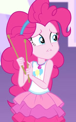 Size: 1196x1920 | Tagged: safe, screencap, pinkie pie, constructive criticism, constructive criticism: pinkie pie, equestria girls, g4, my little pony equestria girls: better together, blue eyes, clothes, cropped, cute, cutie mark on clothes, drumsticks, geode of sugar bombs, hairband, jewelry, lip bite, magical geodes, necklace, nervous, pink hair, pink skin, rah rah skirt, skirt, solo, tank top, teeth, waiting