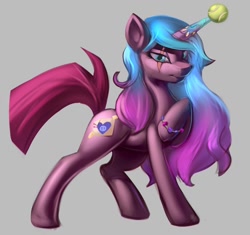 Size: 1056x994 | Tagged: safe, artist:applepost67, izzy moonbow, tempest shadow, pony, unicorn, g5, my little pony: a new generation, ball, bracelet, broken horn, clothes, costume, eye scar, fake cutie mark, fake horn, female, gray background, horn, hornball, izzy's tennis ball, jewelry, mare, raised hoof, scar, simple background, solo, tape, tennis ball