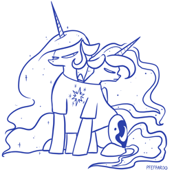 Size: 2048x2048 | Tagged: safe, artist:pfeffaroo, princess celestia, princess luna, alicorn, pony, g4, celestia is not amused, clothes, duo, get along shirt, high res, luna is not amused, monochrome, royal sisters, shared clothing, shirt, siblings, simple background, sisters, t-shirt, twilight sparkle's cutie mark, unamused, white background