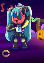 Size: 1280x1810 | Tagged: safe, artist:trackheadtherobopony, oc, oc only, oc:trackhead, pony, robot, robot pony, chibi, clothes, cosplay, costume, hatsune miku, music notes, nightmare night, pumpkin, solo, vocaloid