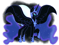 Size: 960x720 | Tagged: safe, artist:madlilon2051, nightmare moon, alicorn, pony, g4, ethereal mane, eyelashes, female, full moon, helmet, hoof shoes, horn, mare, moon, peytral, raised hoof, simple background, spread wings, starry mane, stars, transparent background, wings