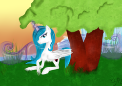Size: 2920x2080 | Tagged: safe, artist:herusann, oc, oc only, alicorn, pony, alicorn oc, eyelashes, female, high res, horn, lying down, mare, outdoors, prone, solo, tree, wings
