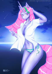 Size: 800x1133 | Tagged: safe, artist:yoye-wolfgrel, oc, oc only, unicorn, anthro, absolute cleavage, anthro oc, breasts, cleavage, female, hand on head, horn, kaidantoponi, looking at you, lunarcyclestudio, patreon, peace sign, smiling, smiling at you, solo, unicorn oc