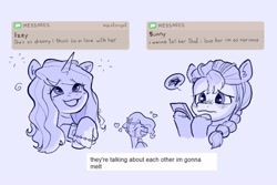 Size: 2100x1400 | Tagged: safe, artist:matterproblem, izzy moonbow, pipp petals, sunny starscout, earth pony, pegasus, pony, unicorn, g5, my little pony: a new generation, blushing, bracelet, braid, cellphone, crying, female, floppy ears, frown, grin, heart, heart tongue, hoof hold, hoof on chin, horn, izzyscout, jewelry, lesbian, looking at something, mare, open mouth, open smile, phone, shipper on deck, shipping, smiling, trio, trio female, unshorn fetlocks