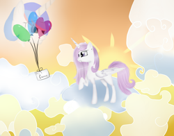 Size: 3920x3080 | Tagged: safe, artist:herusann, oc, oc only, alicorn, pony, alicorn oc, balloon, cloud, female, high res, horn, mare, on a cloud, outdoors, raised hoof, solo, sun, wings