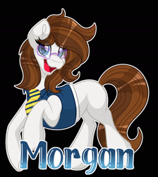 Size: 1600x1787 | Tagged: safe, artist:missbramblemele, oc, oc only, oc:morgan, earth pony, pony, black background, clothes, female, glasses, mare, shirt, simple background, solo