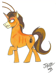Size: 938x1248 | Tagged: safe, artist:rinkusu001, alien, alien pony, pony, unicorn, horn, ponified, raised hoof, signature, simple background, smiling, solo, traditional art, white background