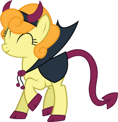 Size: 6395x6613 | Tagged: safe, artist:wissle, carrot top, golden harvest, earth pony, pony, g4, luna eclipsed, absurd resolution, clothes, costume, dancing, devil costume, devil horns, eyes closed, female, hoof shoes, horns, literal hoof shoes, mare, nightmare night, nightmare night costume, one leg raised, raised hoof, simple background, solo, transparent background, vector