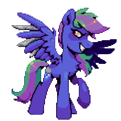 Size: 640x640 | Tagged: safe, artist:hikkage, oc, oc only, oc:lishka, pegasus, pony, animated, blade, blinking, chest fluff, female, gif, grin, idle animation, mare, pegasus oc, pixel art, raised hoof, simple background, smiling, solo, tail, transparent background, two toned mane, two toned tail, weapon, wingblade