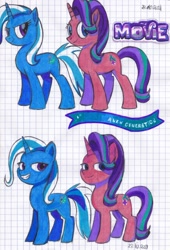Size: 1632x2404 | Tagged: safe, artist:karadeg, starlight glimmer, trixie, pony, unicorn, g4, g5, my little pony: a new generation, my little pony: the movie, duo, duo female, female, g4 to g5, graph paper, grin, logo, looking at you, mare, smiling, smiling at you, smirk, traditional art