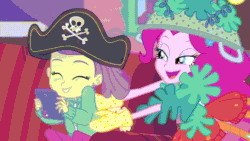 Size: 1280x720 | Tagged: safe, edit, screencap, lily pad (g4), pinkie pie, equestria girls, g4, my little pony equestria girls: better together, pinkie sitting, absurd file size, absurd gif size, animated, clothes, costume, cute, duo, duo female, eyes closed, female, gif, giggling, laughing, looped, reversed, tablet, tickling