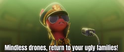 Size: 2047x857 | Tagged: safe, edit, edited screencap, screencap, sprout cloverleaf, earth pony, pony, g5, my little pony: a new generation, official, spoiler:my little pony: a new generation, caption, dictator, emperor sprout, hat, image macro, male, microphone, solo, stallion, sunglasses, text, the simpsons, the simpsons: hit and run