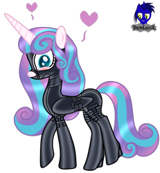 Size: 3840x4154 | Tagged: safe, alternate version, artist:damlanil, princess flurry heart, alicorn, pony, g4, bdsm, blushing, bondage, bondage mask, boots, bound wings, catsuit, clothes, collar, corset, female, floating heart, gag, gimp suit, heart, high heels, hood, horn, latex, latex boots, latex suit, mare, muzzle gag, older, older flurry heart, rubber, rubber suit, shiny, shiny mane, shoes, show accurate, simple background, socks, solo, thigh highs, transparent background, vector, wings
