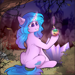 Size: 2550x2550 | Tagged: safe, artist:lakunae, izzy moonbow, pony, unicorn, g5, my little pony: a new generation, ball, cute, eyebrows, eyebrows visible through hair, female, glowing, glowing horn, grin, halloween, high res, holiday, horn, izzybetes, magic, magic aura, mare, paintbrush, rear view, sitting, smiling, solo, telekinesis, tennis ball