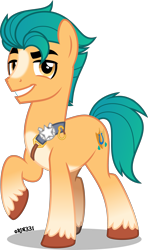 Size: 2367x4000 | Tagged: safe, alternate version, artist:orin331, hitch trailblazer, earth pony, pony, g5, my little pony: a new generation, spoiler:my little pony: a new generation, badge, blaze (coat marking), cloven hooves, coat markings, cute, dreamworks face, facial markings, g5 to g4, handsome, high res, hitchbetes, looking at you, male, raised hoof, sash, shadow, simple background, smiling, socks (coat markings), solo, stallion, standing, tail, transparent background, unshorn fetlocks