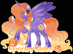 Size: 1600x1176 | Tagged: safe, artist:thehaywaiianhorse, oc, oc only, oc:spooky skies, alicorn, pony, black background, female, halloween, holiday, jack-o-lantern, mare, pumpkin, scepter, simple background, solo