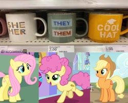 Size: 892x720 | Tagged: safe, edit, editor:notxweeb, applejack, fluttershy, li'l cheese, earth pony, pegasus, pony, g4, the last problem, applejack's hat, cowboy hat, hat, meme, mug, orange skin, pronouns, watermark, yellow skin