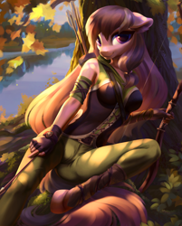 Size: 3042x3792 | Tagged: safe, artist:jumperkit, oc, oc only, oc:dawnsong, earth pony, anthro, unguligrade anthro, arrow, autumn, bow (weapon), bow and arrow, breasts, clothes, commission, female, high res, lake, leaves, looking at you, pants, quiver, smiling, smiling at you, solo, tree, water, weapon