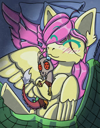 Size: 1280x1634 | Tagged: safe, artist:chriswannabite, discord, fluttershy, pegasus, pony, g4, ^^, bed, big ears, blushing, covers, crush plush, eyes closed, happy, holding, hug, legs in air, merchandise, pillow, plushie, sleeping, smiling