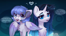 Size: 1280x716 | Tagged: safe, artist:radioaxi, oc, oc only, pegasus, pony, unicorn, colored wings, dialogue, discord (program), duo, female, headset, heart, lidded eyes, mare, multicolored wings, open mouth, ponified, smiling, steam (software), wings