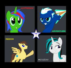 Size: 1042x1000 | Tagged: safe, artist:lukington17, derpibooru exclusive, oc, oc only, oc:andridash, oc:christian clefnote, oc:electric blue, oc:luke quint, pegasus, pony, unicorn, :p, beard, contrail, facial hair, flying, friends, male, mischievous, ms paint, pegasus oc, pointing, simple background, smiling, smirk, spirit, stars, tongue out
